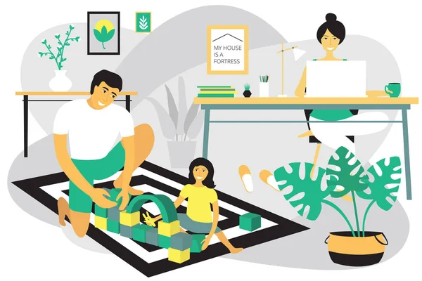 Evde mutlu bir aile. Annem bir dizüstü bilgisayarda çalışıyor, uzaktan kumanda konsepti. Baba kızıyla oynuyor. Modern düz dizayn konsepti evde zaman geçirme. Vektör illüstrasyonu beyaz arkaplanda izole edildi.