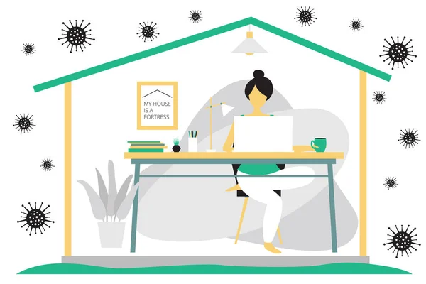Kendini karantinaya al. Uzaktan çalışma konsepti. Kız evdeki bilgisayarda çalışıyor. Modern düz dizayn konsepti. Tehlikeli korona virüsü hücresinin simgesi. Vektör illüstrasyonu beyaz arkaplanda izole edildi.