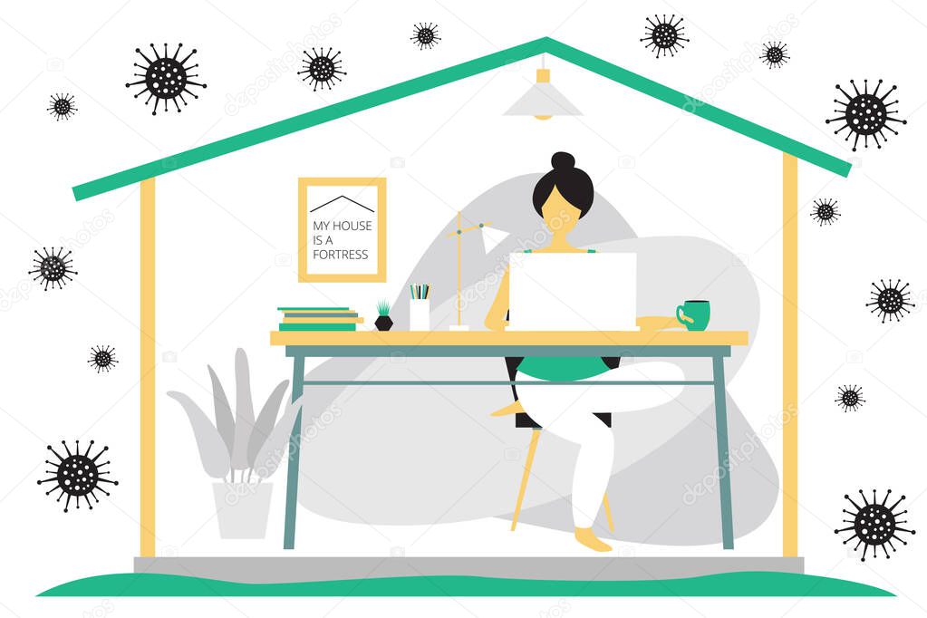 Quarantine self-isolation. Remote work concept. Girl works at the computer at home. Modern flat design concept of telecommuting. Icon of dangerous corona-virus Cell. Vector illustration isolated on white background.