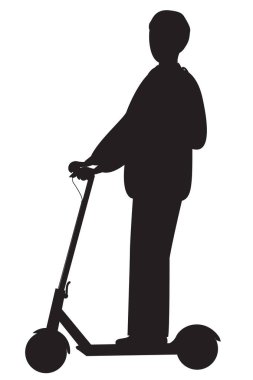 Elektrikli scooter kullanan bir adam. Siyah vektör çizimi beyaz arkaplanda izole edildi.