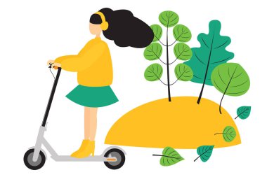 Parkta elektrikli scooter kullanan bir kadın. Beyaz arkaplanda izole edilmiş parlak vektör illüstrasyonu.