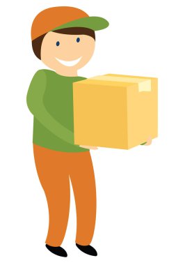 Teslimatçı paketle birlikte kutuları tutuyor. Bir adam paketi teslim eder. Düz vektör çizimi beyaz arkaplanda izole edildi.
