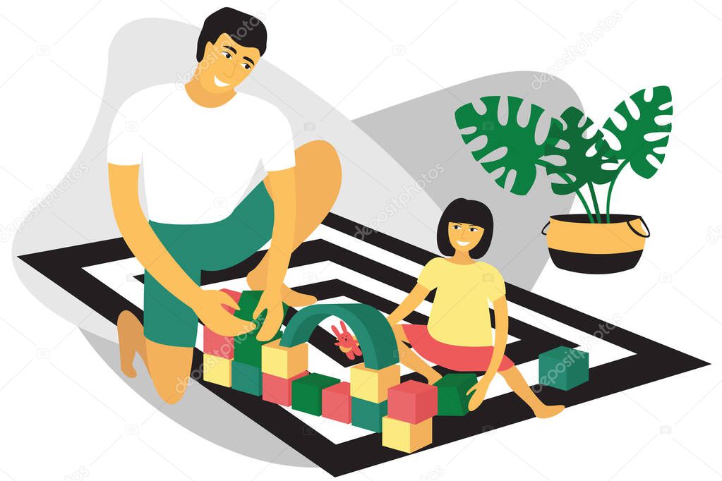 Happy father and daughter play cubes sitting on the floor at home. Modern flat design concept of pastime at home. Bright vector illustration isolated on white background.