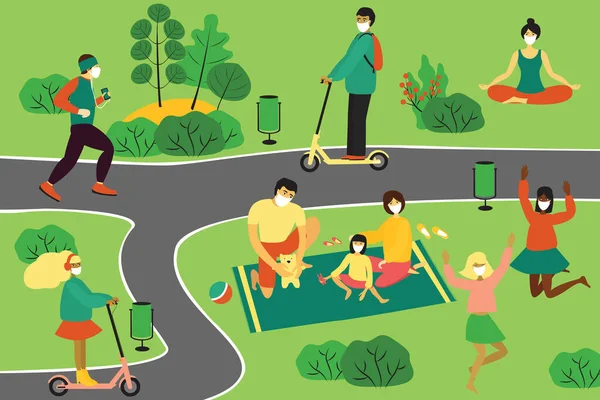 Tıp maskeli insanlar parkta yürüyorlar. Resim yeşil bir çim, patikalar, bitkiler gösteriyor. Modern tasarım konsepti: Doğada karantina. Düz vektör illüstrasyonu.