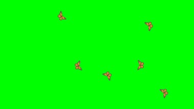 Animasyon siyah turuncu kelebekler yeşil arka planda uçar.