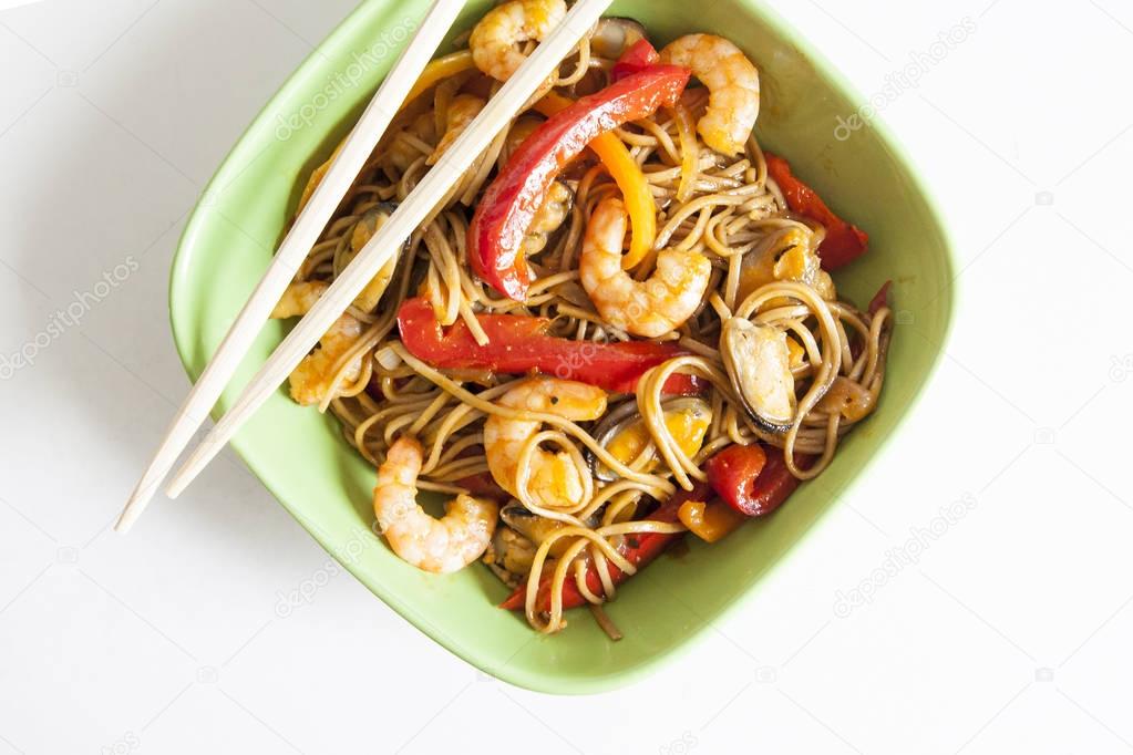 Buckwheat noodles soba with prawns and vegetables
