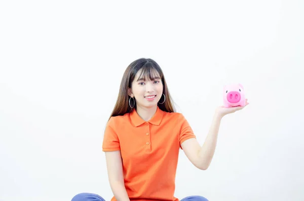 Beautiful Asian Women Wear Orange Shirts Blue Pants Pink Piggy — 스톡 사진