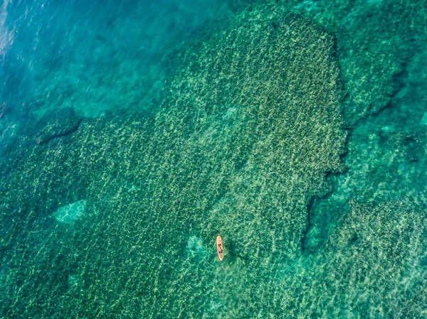夏威夷珊瑚礁上方滑板上的冲浪运动员的自上而下的照片 — 图库照片