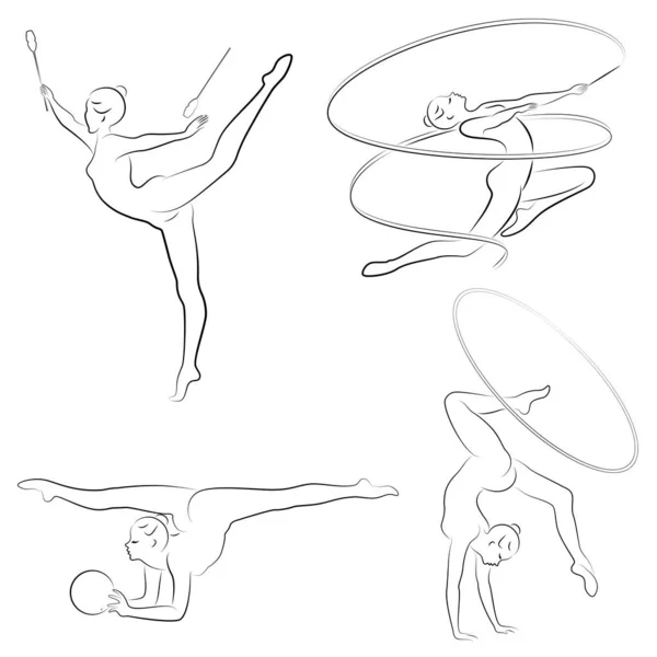 Collectie. Ritmische gymnastiek. Silhouet van een meisje met knotsen, bal, lint, hoepel. Mooie turnster. De vrouw is slank en jong. Vector illustratie van een verzameling. — Stockvector