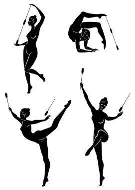 Tahsilat. Ritmik jimnastik. Topuzlu, topuzlu, kurdeleli, çemberli bir kızın silueti. Güzel jimnastikçi. Kadın zayıf ve genç biri. Bir kümenin vektör illüstrasyonu