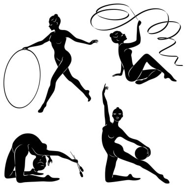 Tahsilat. Ritmik jimnastik. Topuzlu, topuzlu, kurdeleli, çemberli bir kızın silueti. Güzel jimnastikçi. Kadın zayıf ve genç biri. Bir kümenin vektör illüstrasyonu
