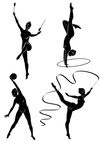 Colección. Gimnasia rítmica. La silueta de una chica con mazas, pelota, cinta, aro. Hermosa gimnasta. La mujer es delgada y joven. Ilustración vectorial de un conjunto — Vector de stock