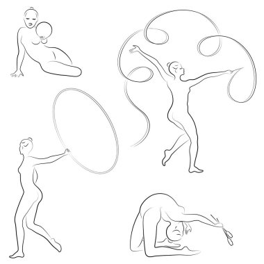 Tahsilat. Ritmik jimnastik. Topuzlu, topuzlu, kurdeleli, çemberli bir kızın silueti. Güzel jimnastikçi. Kadın zayıf ve genç biri. Bir kümenin vektör illüstrasyonu