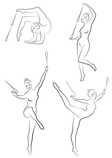 Collectie. Ritmische gymnastiek. Silhouet van een meisje met knotsen, bal, lint, hoepel. Mooie turnster. De vrouw is slank en jong. Vector illustratie van een verzameling — Stockvector