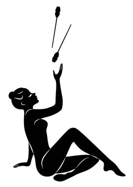 Ritmik jimnastik. Elinde biber gazı olan bir kızın silueti. Harika bir jimnastikçi. Kadın zayıf ve genç biri. Vektör illüstrasyonu.