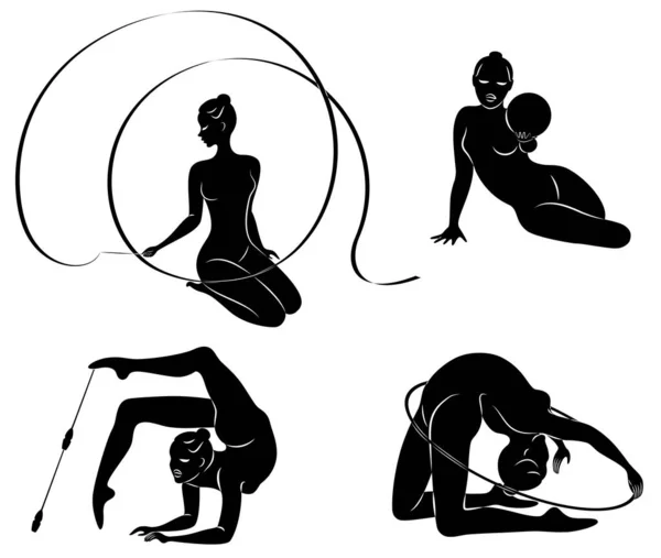 Sammlung. Rhythmische Sportgymnastik. Silhouette eines Mädchens mit Kolben, Ball, Band, Reifen. Schöne Turnerin. Die Frau ist schlank und jung. Vektor-Illustration eines Satzes. — Stockvektor