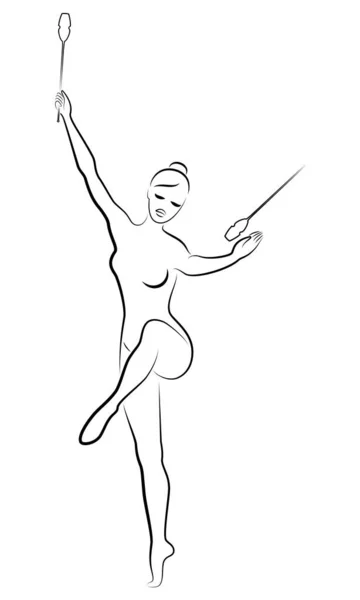 Ritmische gymnastiek. Silhouet van een meisje met knotsen. Geweldige turnster. De vrouw is slank en jong. Vectorillustratie — Stockvector