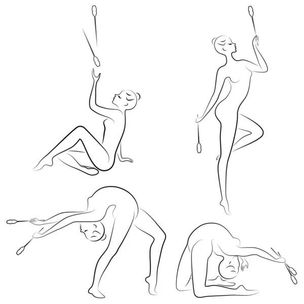 Collezione. Ginnastica ritmica. Silhouette di una ragazza con mazze, palla, nastro, cerchio. Bella ginnasta. La donna è magra e giovane. Illustrazione vettoriale di una serie — Vettoriale Stock