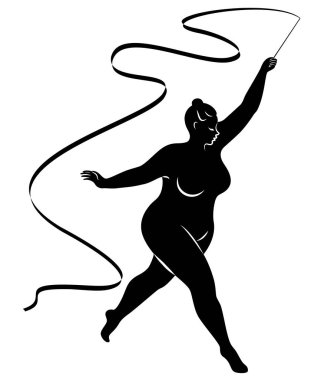 Jimnastik. Kurdeleli bir kızın silueti. Kadın kilolu, iri bir vücudu var. Kız tok. Vektör illüstrasyonu.