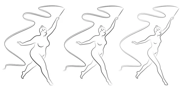 Collectie. Silhouet van een leuke dame, ze is bezig met ritmische gymnastiek met een lint. De vrouw is te zwaar. Slank meisje atleet. Vectorillustratieset — Stockvector
