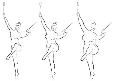 Tahsilat. Şirin bir bayanın silueti, kulüplerle ritmik jimnastik yapıyor. Kadın aşırı kilolu. İnce bir kız sporcu. Vektör illüstrasyonu