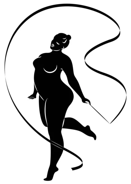 La gymnastique. Silhouette d'une fille avec un ruban. La femme est en surpoids, un grand corps. La fille est pleine. Illustration vectorielle — Image vectorielle