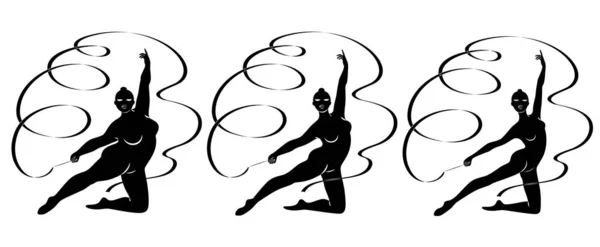 Sammlung. Silhouette einer niedlichen Dame, sie betreibt rhythmische Gymnastik mit Schleife. Die Frau ist übergewichtig und schlank. Vektor Illustration Set. — Stockvektor