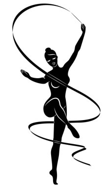 Ritmik jimnastik. Kurdele olan bir kızın silueti. Güzel jimnastikçi. Kadın ince ve genç. Vektör Illustration