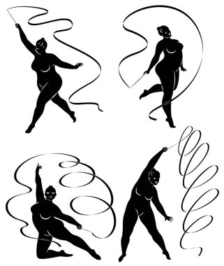 Tahsilat. Jimnastik. Kurdeleli bir kızın silueti. Kadın kilolu, iri bir vücudu var. Kız tam şekillendirilmiş. Vektör illüstrasyonu.