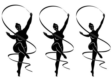 Tahsilat. Tatlı bir bayanın silueti, ritim jimnastiğiyle bir kurdeleyle meşgul. Kadın kilolu ve ince bir kız sporcu. Vektör illüstrasyonu