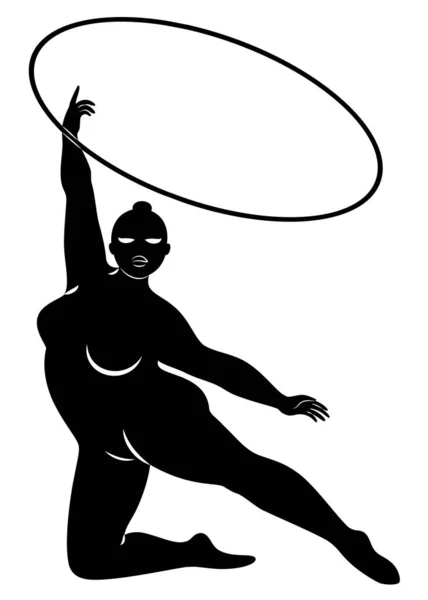 体操フープを持つ女の子のシルエット。女性は太りすぎ、大きな体です。女の子は完全な図です。ベクターイラスト — ストックベクタ