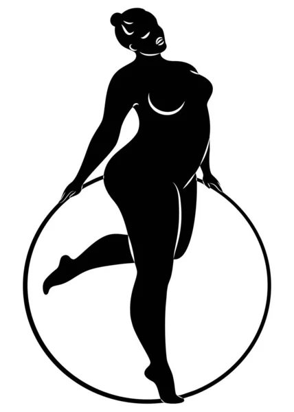 Ginnastica Silhouette di una ragazza con un cerchio. La donna è sovrappeso, un corpo grande. La ragazza è una figura completa. Illustrazione vettoriale — Vettoriale Stock