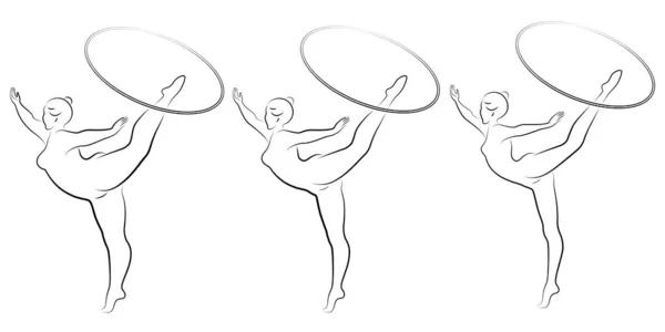 Колекція. Силует милої леді, вона займається художньою гімнастикою з обручем. Жінка надмірна вага і струнка дівчина-спортсменка. Векторний набір ілюстрацій . — стоковий вектор