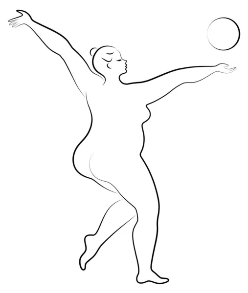 Gymnastiek Silhouet van een meisje met een bal. De vrouw is te zwaar, een groot lichaam. Het meisje is een volwaardig figuur. Vectorillustratie — Stockvector