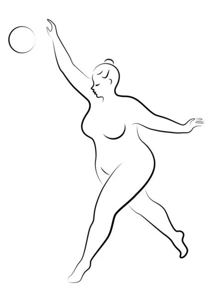 Gymnastiek Silhouet van een meisje met een bal. De vrouw is te zwaar, een groot lichaam. Het meisje is een volwaardig figuur. Vectorillustratie — Stockvector