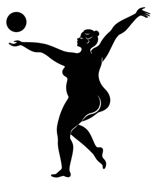 Ginnastica Silhouette di una ragazza con una palla. La donna è sovrappeso, un corpo grande. La ragazza è una figura completa. Illustrazione vettoriale — Vettoriale Stock