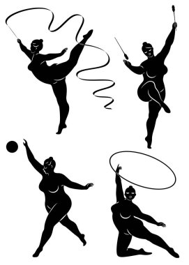 Tahsilat. Çemberli, kurdeleli, toplu, sopalı bir kızın jimnastik silueti. Kadın kilolu, iri bir vücudu var. Kız tam bir vücut. Vektör çizimleri kümesi.