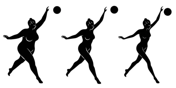 Colección. Silueta de una linda dama, se dedica a la gimnasia rítmica con una pelota. La mujer tiene sobrepeso y es una atleta delgada. Juego de ilustración vectorial . — Vector de stock