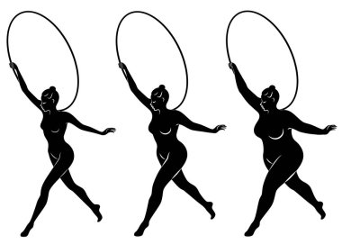Tahsilat. Tatlı bir bayanın silueti, ritmik bir jimnastiğe girmiş. Kadın kilolu ve ince bir kız sporcu. Vektör illüstrasyonu