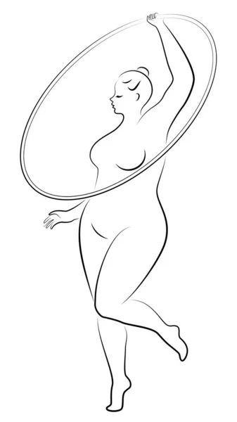 Gimnasia Silueta de una chica con aro. La mujer tiene sobrepeso, un cuerpo grande. La chica es una figura completa. Ilustración vectorial — Archivo Imágenes Vectoriales