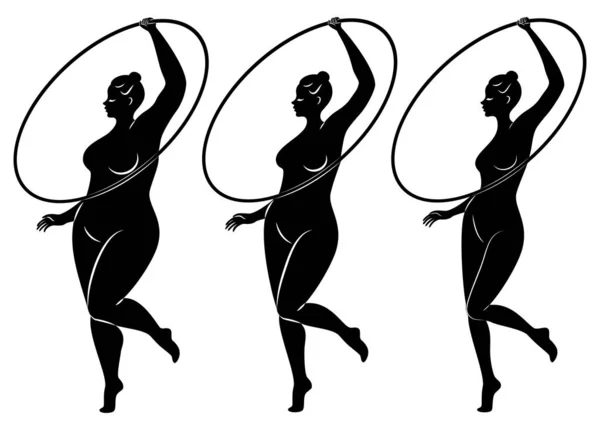 Collecte. Silhouette d'une femme mignonne, elle est engagée dans la gymnastique rythmique avec un cerceau. La femme est en surpoids et une athlète fille mince. Jeu d'illustrations vectorielles . — Image vectorielle