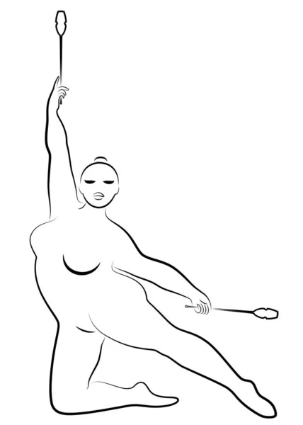 Gimnasia Silueta de una chica con mazas. La mujer tiene sobrepeso, un cuerpo grande. La chica está completamente imaginada. Ilustración vectorial . — Archivo Imágenes Vectoriales