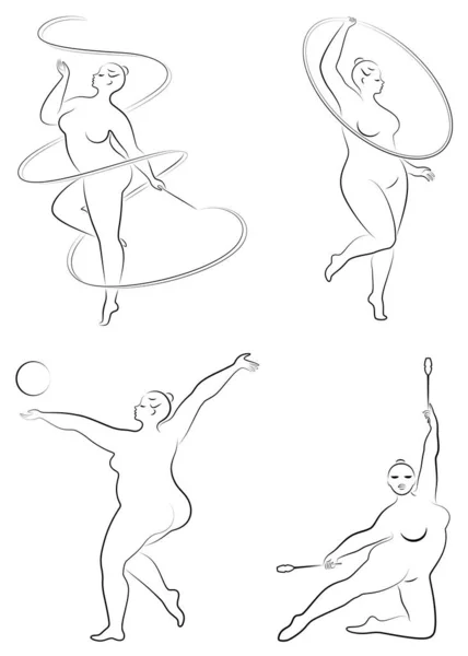 Collectie. Gymnastiek Silhouet van een meisje met een hoepel, lint, bal, clubs. De vrouw is te zwaar, een groot lichaam. Het meisje is een volwaardig figuur. Reeks vectorillustraties — Stockvector