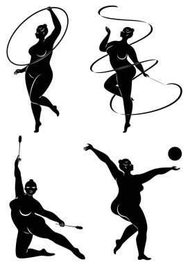 Tahsilat. Çemberli, kurdeleli, toplu, sopalı bir kızın jimnastik silueti. Kadın kilolu, iri bir vücudu var. Kız tam bir vücut. Vektör çizimleri kümesi