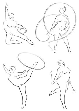 Tahsilat. Çemberli, kurdeleli, toplu, sopalı bir kızın jimnastik silueti. Kadın kilolu, iri bir vücudu var. Kız tam bir vücut. Vektör çizimleri kümesi