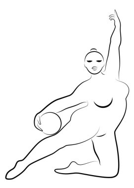 Elinde top olan bir kızın jimnastik silueti. Kadın kilolu, iri bir vücudu var. Kız tam bir vücut. Vektör illüstrasyonu