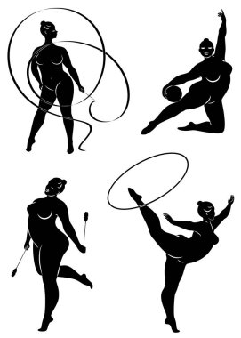 Tahsilat. Çemberli, kurdeleli, toplu, sopalı bir kızın jimnastik silueti. Kadın kilolu, iri bir vücudu var. Kız tam bir vücut. Vektör çizimleri kümesi