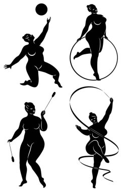 Tahsilat. Çemberli, kurdeleli, toplu, sopalı bir kızın jimnastik silueti. Kadın kilolu, iri bir vücudu var. Kız tam bir vücut. Vektör çizimleri kümesi.