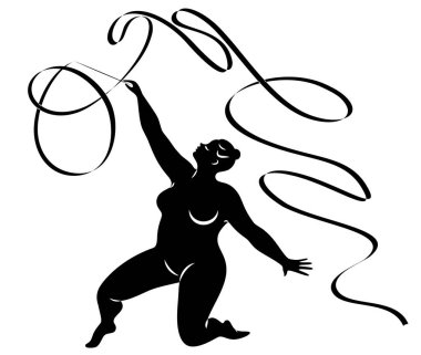 Temel Rgbjimnastik. Kurdeleli bir kızın silueti. Kadın kilolu, iri bir vücudu var. Kız tam şekillendirilmiş. Vektör illüstrasyonu.