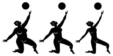 Tahsilat. Tatlı bir bayanın silueti, bir topla ritmik jimnastik yapıyor. Kadın kilolu ve ince bir kız sporcu. Vektör illüstrasyonu
